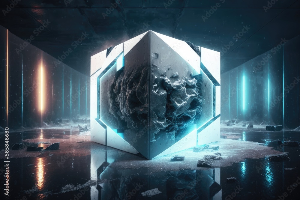 Poster futuristic glowing cube with planet inside. future concept. 3d rendering