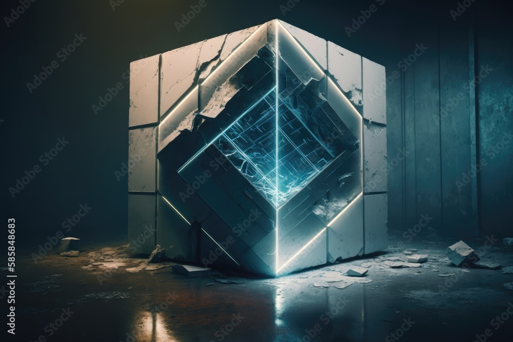 Aufkleber 3d illustration of a glowing cube on a dark background. 3d rendering