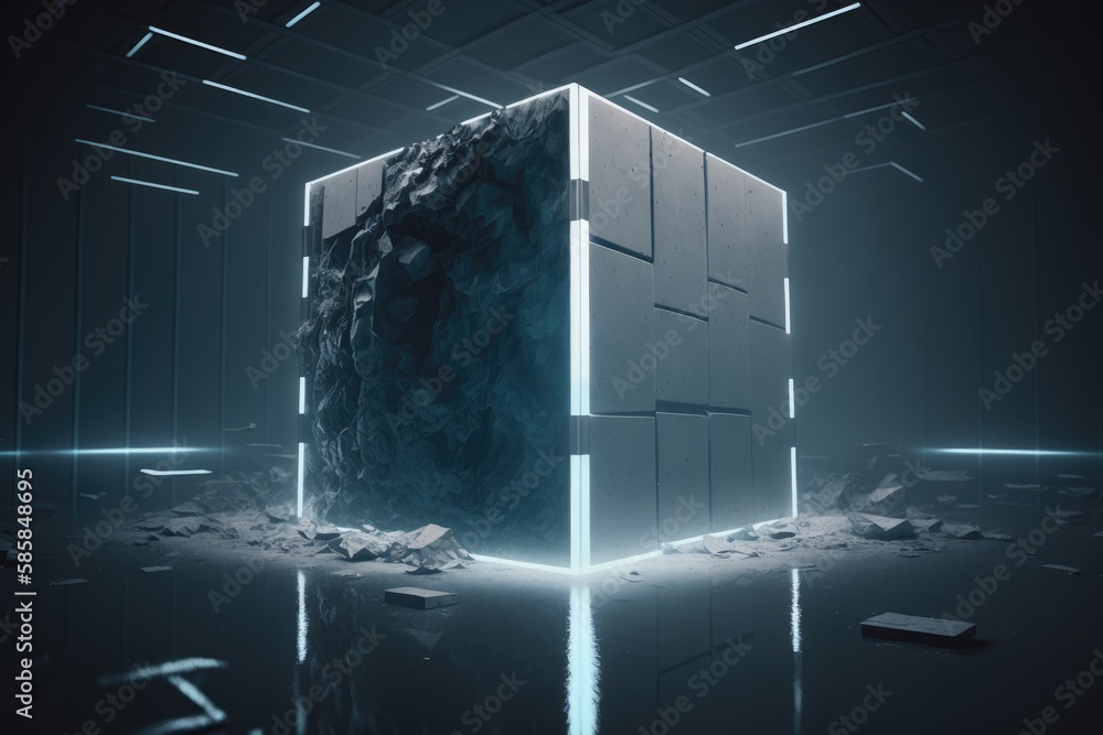 Poster futuristic abstract background with glowing neon cube. 3d rendering