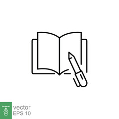 Open book with pen line icon. Book writing, office, school, business and education concept. Simple outline style. Vector illustration isolated on white background. EPS 10.
