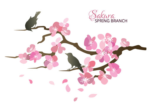 Sakura branch with birds. Spring poster with blooming sakura.