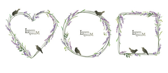 Lavender frames set with birds. Lavender collection for wedding invitation, posters, save the date, greeting card.
