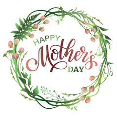 Happy Mothers Day banner with floral wreath and lettering festive inscription.