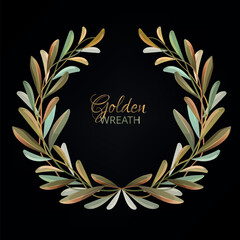 Wreath with gold leaves of olive tree on black background.