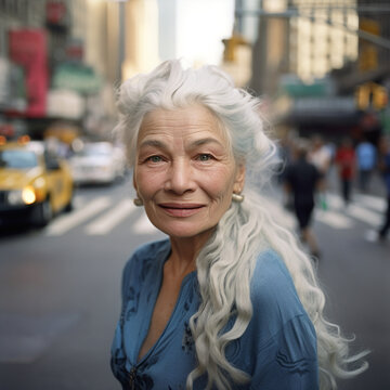 Generative ai grey hair mature woman portrait outdoors looking camera