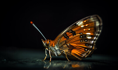 Fototapeta na wymiar Spotty brown butterfly with wings spread. Lovely insect at black backdrop. Generative AI.