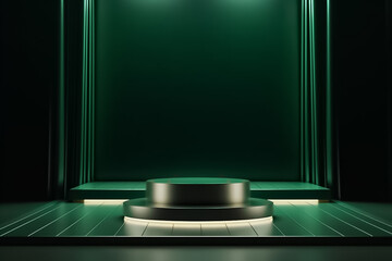 Green Display mock up 3D luxury stage with LED light and simple shape decoration around it. generative AI