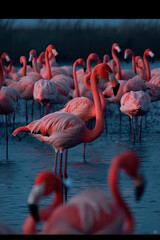 A flock of vibrant pink flamingos can be seen wading in shallow water, with their long legs submerged and their distinctive curved beaks dipping into the water to catch small fish AI Generative