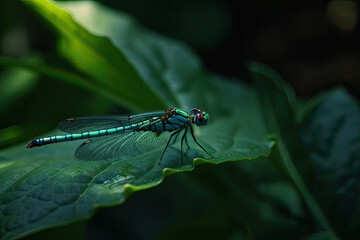 A dragonfly is seen resting on a green leaf in a natural setting, its delicate wings folded gently on its back AI Generative