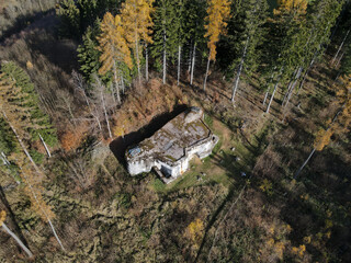 Drone view of the forest with abandoned czechoslovak bunker. Czechia