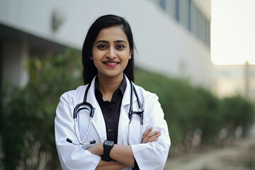 Indian female doctor smiling at the camera, Young woman, Generative AI