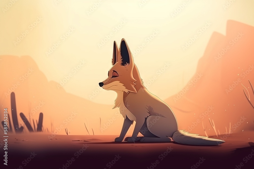Aufkleber a fox sitting in the middle of a desert with a sunset in the back ground and a mountain in the backg