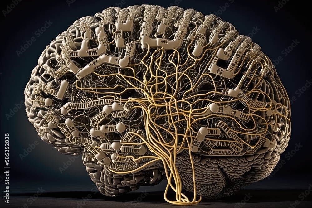 Poster human brain, with intricate wiring and connections, shown in close-up, created with generative ai