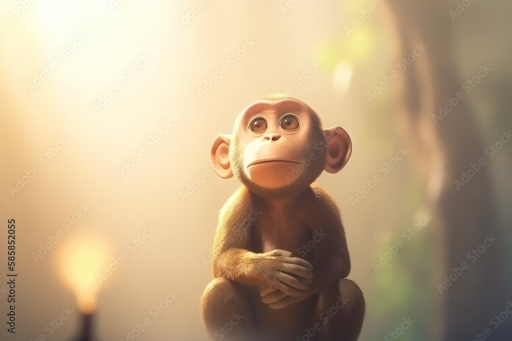 Aufkleber a monkey sitting in the middle of a forest with a light shining on it's face and a tree in the backg