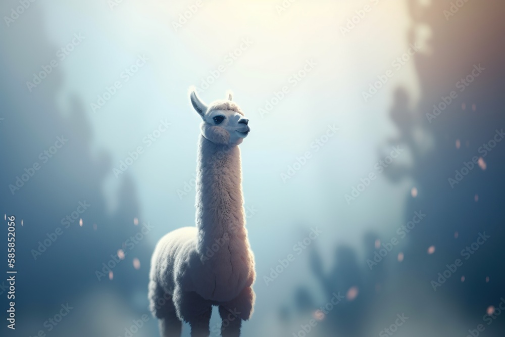 Poster a white llama standing in the middle of a forest with snow on the ground and trees in the background