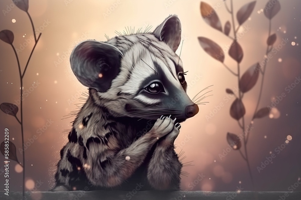 Poster a painting of a raccoon sitting on a ledge with its hands on its face and looking at the camera with