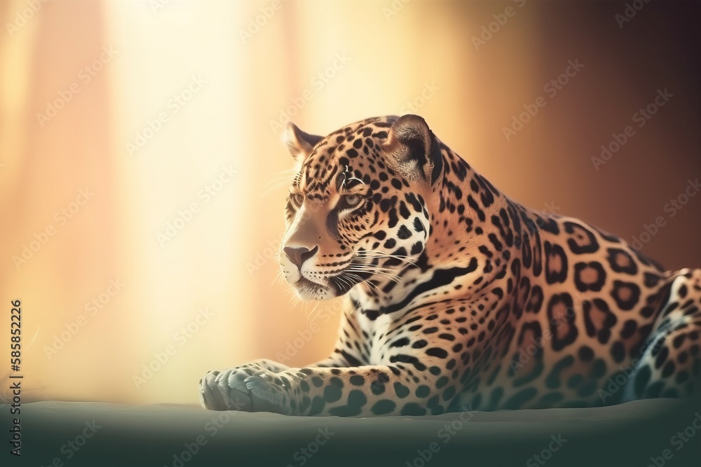 Poster a painting of a leopard laying down on a bed with a light shining in the back ground behind it and a