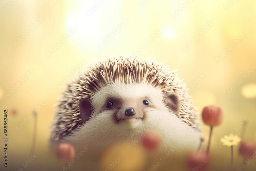 Poster a hedgehog is sitting in the middle of a field of tulips with a smile on its face and a flower in th