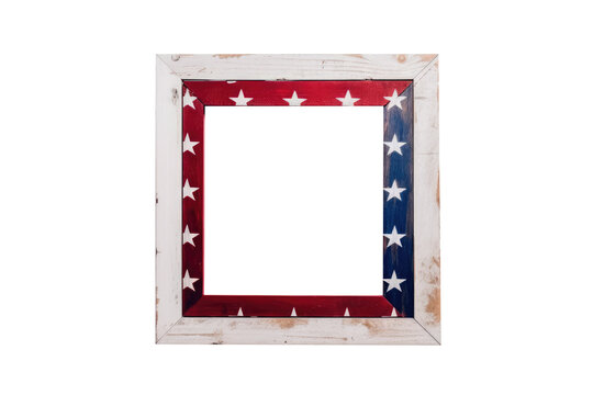 Wooden photo frame with American flag colors and stars. Patriotic border for photos or space for text. Colorful abstract rectangle frame. Generative AI