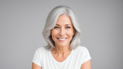 White caucasian mature woman portrait with grey middle wavy hair hairstyle on empty grey background. Copy space for product placement.