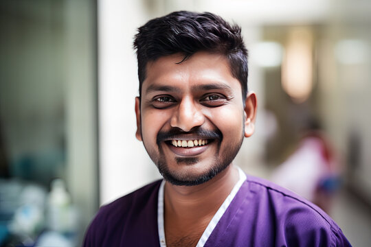 Indian male nurse smiling at the camera, candid photo, Generative AI