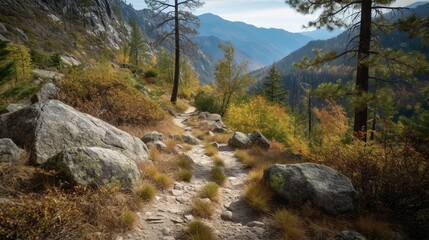 hiking path on a rugged moutain trail with sweeping views