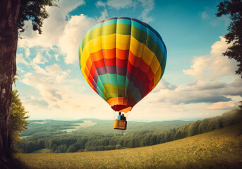 Obraz premium A multicoloured hot air balloon take off under field and forest. Created with Generative AI.