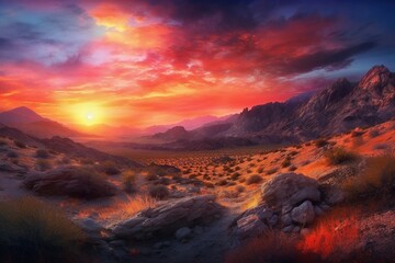 Fototapeta na wymiar Radiant Sunset over Surreal Landscape Generative Ai