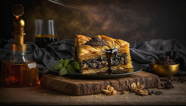 A Slice Of Baklava. Rustic Food Photography Created With Generative AI