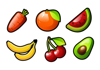 Set of cartoon fruits, berries and vegetables. Set for fruit slot machines. Vector clipart isolated on white background.