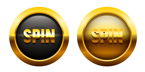 Spin button. Golden letters on a black background. Buttons for online casino. Vector clipart isolated on black background.