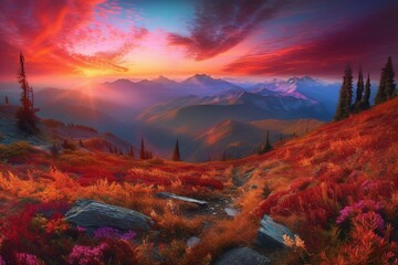 Fototapeta premium Radiant Sunset over Surreal Landscape Generative Ai