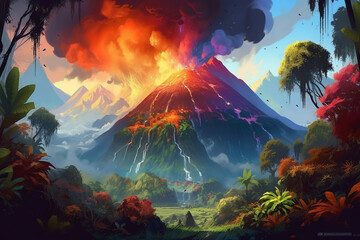 Fototapeta na wymiar fantasy volcano and rainbow. generative ai