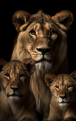 Portrait of a lioness with her children - obrazy, fototapety, plakaty