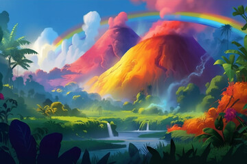 fantasy volcano and rainbow. generative ai