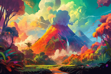 Fototapeta na wymiar fantasy volcano and rainbow. generative ai