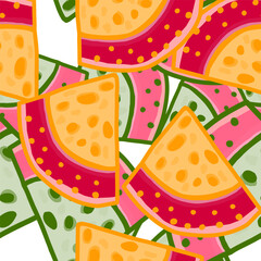 Hand drawn watermelon slices seamless pattern. Funny fruit backdrop.