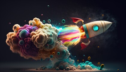Spaceship taking off into space with multicolored smoke - obrazy, fototapety, plakaty