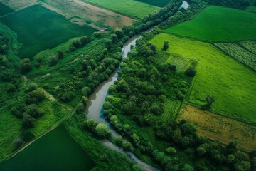 top view of cultivated agricultural farming land with vivid green color with river passing by. generative ai 