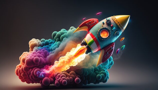 Spaceship starting into space with multicolored smoke