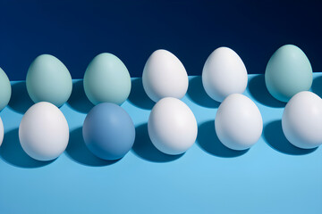 a group of blue and white eggs on a blue surface