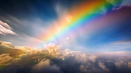 Fototapeta premium Playful Scenic Weather Artwork of a Cloudy Sky with Sunbeam and Rainbow. Generative AI.