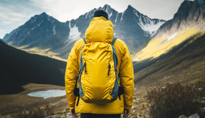 Back view of traveler man tourist in yellow ski jacket with with backpack watching amazing view, standing on road in front of snowy great mountain, generative ai 