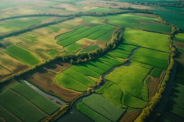 top view of cultivated agricultural farming land with vivid green color with river passing by. generative ai