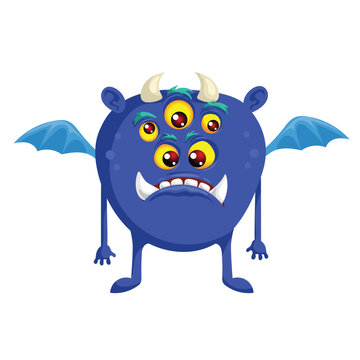 Cartoon blue cute monster with a lot of eyes. Best for monster party designs. Vector illustration.