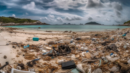 Fototapeta na wymiar beach full of garbage and plastic waste. generative ai