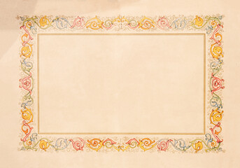 A real vintage ornate frame with a curly motif as a border, aged sepia paper. Blank empty template.
