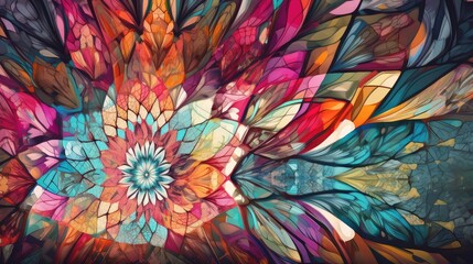 Design an abstract background that features a kaleidoscope of vivid colors and intricate patterns, inspired by the mesmerizing beauty of stained glass windows - Generative AI