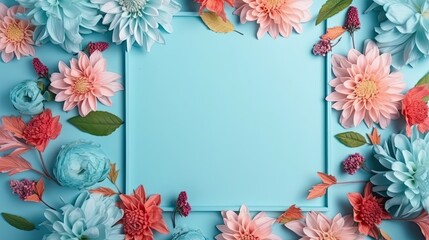 Spring flower frame on blue background copy space flat lay mock up - Generative AI