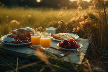 Fototapeta na wymiar breakfast on the grass. the background of a meadow. generative ai